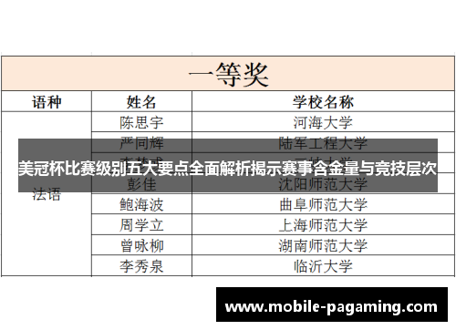 美冠杯比赛级别五大要点全面解析揭示赛事含金量与竞技层次 美冠杯比赛级别五大要点全面解析揭示赛事含金量与竞技层次