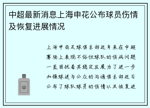中超最新消息上海申花公布球员伤情及恢复进展情况 中超最新消息上海申花公布球员伤情及恢复进展情况