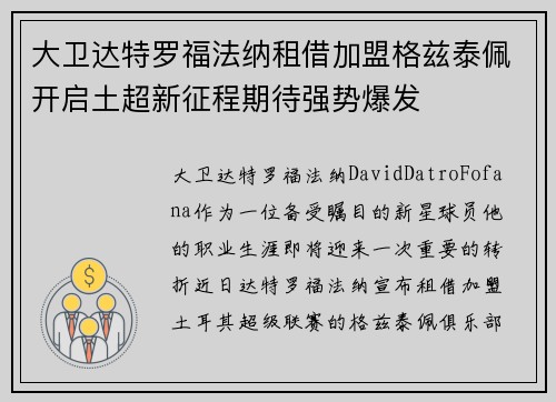 大卫达特罗福法纳租借加盟格兹泰佩开启土超新征程期待强势爆发