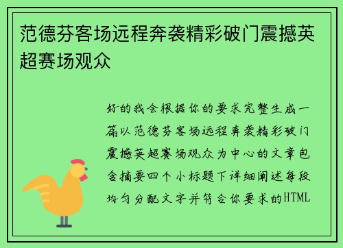 范德芬客场远程奔袭精彩破门震撼英超赛场观众